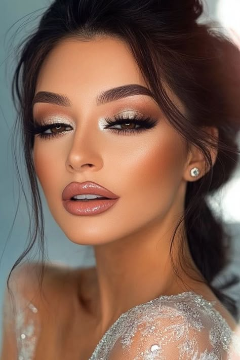 50th Birthday Makeup Ideas, Vintage Glam Wedding Makeup, Makeup With Champagne Dress, Soft Glam Light Skin, Best Wedding Makeup For Brown Eyes, Full Glam Wedding Makeup Brown Eyes, Bridal Shower Makeup The Bride, Day Time Makeup Looks, Wedding Makeup Winged Eyeliner