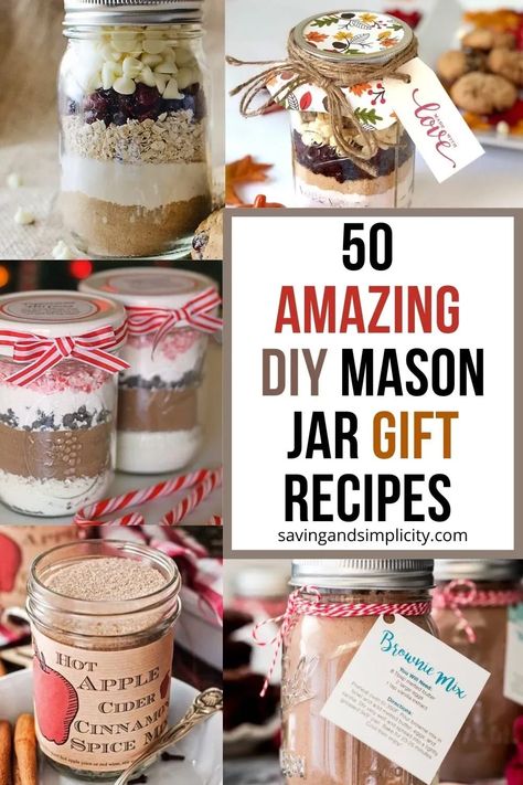 Discover 50 amazing mason jar recipes you can gift all year. DIY gifts in a gar. Cookie recipes in a mason jar, hot cocoa mix in a mason jar and so much more. Mason jar gifts including baking mixes in a jar, meals in a jar, soup mixes in a jar and other amazing mason jar crafts prefect for holiday gift giving. Christmas Crafts To Sell Make Money Mason Jars, Dips In A Jar Gifts, Hot Cocoa Jars Gift, Mason Jar Sweets, Dry Cake Mix Recipe In A Jar, Spice Mix Gifts In A Jar, Pint Mason Jar Cookie Mix Recipe, Cocoa In A Jar Gift, Gluten Free Mason Jar Gifts