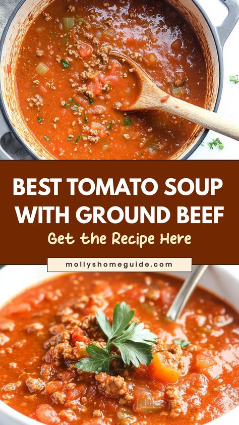 Indulge in the ultimate comfort food with this hearty tomato soup with ground beef recipe. The rich flavors of the tender beef and savory tomatoes come together perfectly in this delicious soup that will warm you up from the inside out. Whether you're looking for a cozy meal on a chilly evening or just craving some classic homemade goodness, this dish is sure to hit the spot. Easy to make and packed with wholesome ingredients, it's a family favorite that will have everyone coming back for more. Tomato Hamburger Soup, German Tomato Soup Recipe, Meatloaf Soup Recipe, Beef And Tomato Macaroni Soup, Meatloaf Soup, Beef Tomato Soup, Soups With Ground Beef, Hearty Tomato Soup, Ground Beef Soup Recipes