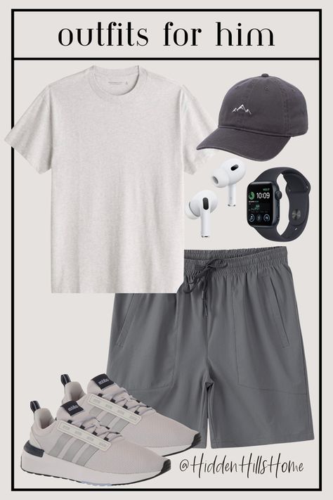 Causal mens athleisure outfit with an essential tee, athletic shorts, sneakers and a hat Running Errands Outfit Men, Men’s Gym Outfits Summer, Men’s Outfits Workout, Sports Style Outfits, Athleisure Outfits For Men, Men Sport Outfit Casual, Casual Athletic Outfits Men, Gym Clothes Aesthetic, Mens Athleisure Outfits