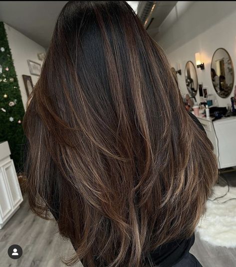 Black Hair With Chestnut Highlights, Honey Brown Hair On Black Hair, Full Balayage Brunettes Dark Brown, Honey Brown Balayage On Dark Hair, Caramel Highlights Dark Hair, Brown Subtle Balayage, Black To Light Brown Hair, Espresso Martini Balayage, Dark Brown Caramel Balayage