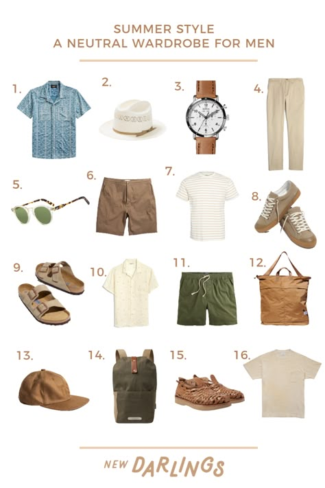 Summer Style: A His & Hers Neutral Wardrobe Guide - New Darlings Mens Travel Wardrobe Europe, Mens Summer Capsule Wardrobe 2023, Summer Capsule Wardrobe 2023 Men, Male Capsule Wardrobe Summer, Men Summer Capsule, Men’s Spring Capsule Wardrobe, Men’s Summer Wear, Men Summer Europe Outfit, Summer Styles Men