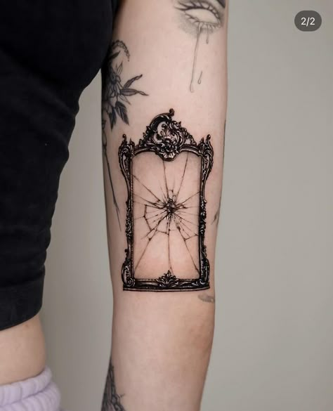 Old Frame Tattoo, Cracked Mirror Tattoo, Victorian Window Tattoo, Ornate Mirror Tattoo, Nihilism Tattoo, Ornate Frame Tattoo, Framed Tattoo Ideas, Archway Tattoo, Moody Tattoo