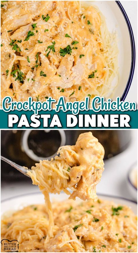 CROCKPOT ANGEL CHICKEN PASTA - Butter with a Side of Bread Dinner Recipes With Angel Hair Pasta, Angels On Horseback Recipe, Chicken Tender Crockpot Recipes, Angel Chicken Pasta, Angel Pasta, Angel Hair Pasta Recipes, Angel Chicken, Crockpot Chicken And Noodles, Crockpot Pasta Recipes