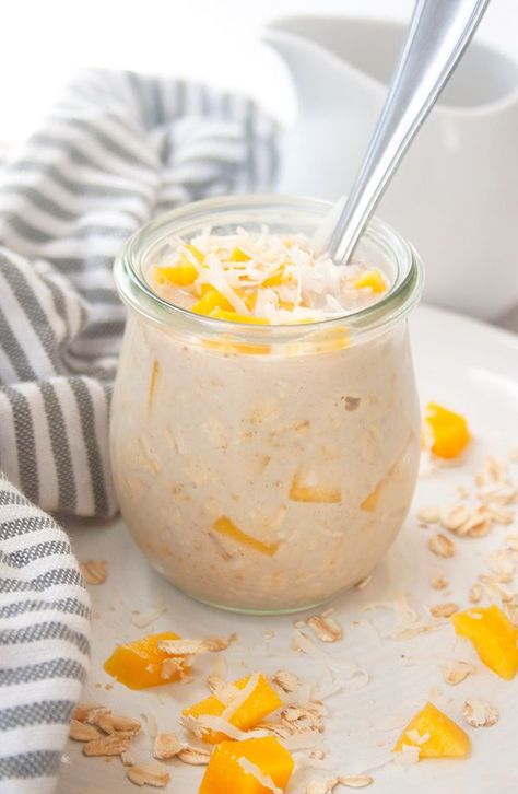 These mango overnight oats with coconut milk are dairy free, vegan and conveniently made in a jar for breakfast on the go. Overnight Oats Healthy Coconut Milk, Overnight Oats Coconut Milk, Mango Overnight Oats Healthy, Overnight Oats Mango Coconut, Mango Overnight Oats Chia Seeds, Overnight Oats With 2% Milk, Blueberry Overnight Oats, Breakfast Oats Overnight, Raw Dessert Recipes