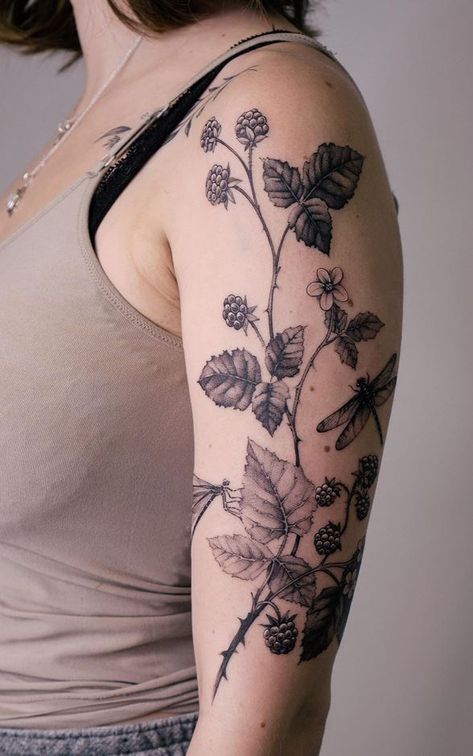 Raspberries Tattoo Moth With Plants Tattoo, Blackberry Arm Tattoo, Raspberry Leaf Tattoo, Blackberry Shoulder Tattoo, Raspberry Tattoo Black, Blackberry Tattoo Design, Blackberry Tattoo Sleeve, Blackberry Plant Tattoo, Wild Blackberry Tattoo