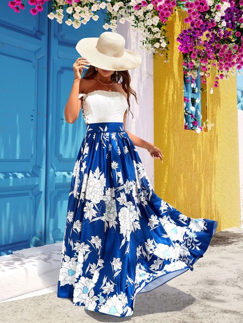 High Waist Floral Print Pleated Skirt Blue And White Skirt Outfit, Blue Skirt Outfit Ideas, Blue Floral Skirt Outfit, Blue Skirt Outfits, Floral Long Skirt, Printed Skirt Outfit, Floral Skirt Outfits, Floral Print Maxi Skirt, Blue Floral Skirt