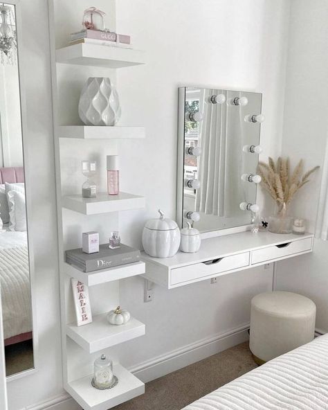 You can also have your very own boudoir with a fabulous vanity table with dazzling Hollywood mirrors and a sleek open vanity shelf at the side. Image credit: INSTAGRAM @HOMEOFMISSPLUM Aesthetic Dressing Room, Room Design Aesthetic, Aesthetic Dressing, Small Bathroom Ideas Colors, Small Bathroom Ideas Pink, Bathroom Ideas Pink, Home Inspo Modern, Home Inspo Cozy, Remodel Small Bathroom