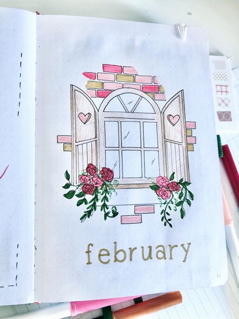 Month Drawings January, Dairy Pages Design Ideas, February Journal Cover Page, February Aesthetic Drawing, Winter Planner Ideas, February Reading Journal, Book Journal Title Page Ideas, January Aesthetic Drawing, 2024 Reading Journal Cover Page