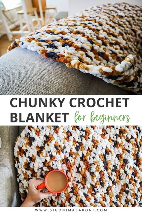 Chunky Crochet Blanket for Beginners | Free Crochet Pattern via @sigonimacaronii Crochet Patterns Blanket Beginner, 2 Hour Crochet Blanket, Chunky Crochet Blanket Stitches, Chunky Yarn Afghan Free Patterns, Easy Soft Crochet Blanket, Crochet Afghan Patterns For Super Bulky Yarn, Crochet Patterns Blanket Yarn, Chunky Crochet For Beginners, Fast And Easy Crochet Blanket Free Pattern