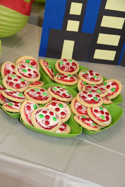 Teenage Mutant Ninja Turtle Party | CatchMyParty.com Ninja Ideas, Pizza Cookies, Mutant Ninja Turtles Party, Turtle Birthday Parties, Tmnt Birthday, Ninja Turtles Birthday Party, Tmnt Party, Ninja Birthday, Cookie Pizza