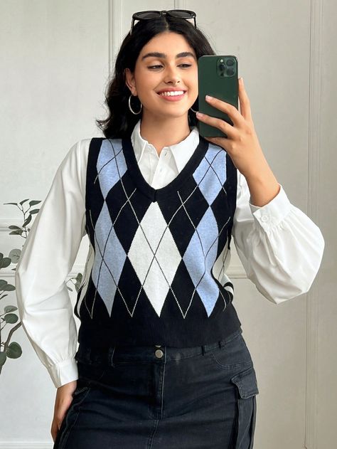 Plus Size Women's Fall/Winter Plaid Pattern Knitted Vest Cardigan Multicolor Casual   Knitwear Geometric  High Stretch  Women Plus Clothing, size features are:Bust: ,Length: ,Sleeve Length: Cardigan Vest Outfit, Woollen Tops For Women, Woolen Tops, Paper Shoes, Shein Shoes, Vest Cardigan, Casual Knitwear, Plus Size Sweater, Sweater Vests