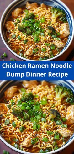 Quick and easy chicken ramen noodle dump dinner. Perfect for busy nights! Easy Dinner With Ramen Noodles, Ramen With Ramen Noodles, Quick And Easy Dump Dinner Recipes, Chicken Ramen Noodle Dump Dinner, Ramen Chicken Bake, Ramen With Broccoli, Ramen Chicken Noodle Recipes, Ramen Noodle Recipes For One, Soup Using Ramen Noodles