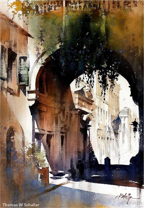 Thomas W Schaller, Thomas Schaller, Watercolor City, Watercolor Architecture, Architecture Painting, Watercolor Painting Techniques, 수채화 그림, Textured Canvas Art, Art Competitions