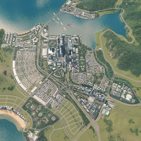 Cities Skylines Inspiration, Cities Skylines Airport, City Overview, Cities Skylines Starting Layout, City Inspiration, Cities Skylines 2 Layout Ideas, City Layout Design, Cities Skylines Ideas, City Plan