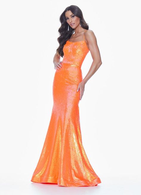 Ashley Lauren - Fully Sequin Gown with Lace Up Back | ASHLEYlauren Sparkly Long Dress, Neon Sequin, Orange Pictures, Orange Evening Dresses, Sparkly Formal Dress, Neon Prom Dress, Dresses Colors, Neon Prom Dresses, Sequin Long Dress