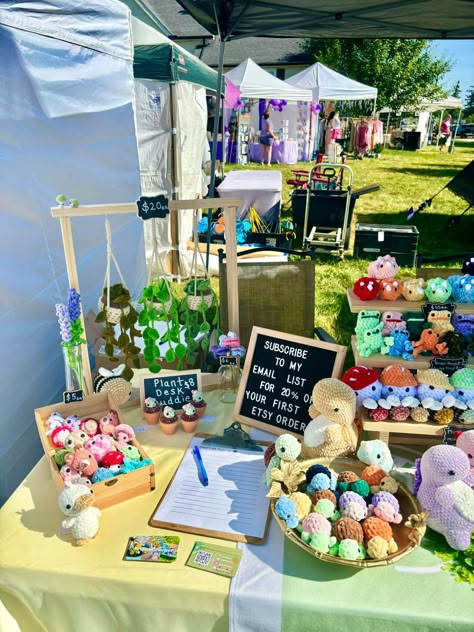 Market setup for my three-day market at Blake’s Lavender Festival! #crochet #marketingstrategy #marketprep #amigurumi #cute #plushies Craft Show Storage Ideas, Makers Market Display, Market Stall Setup Ideas, Crochet Vender Display, Farmers Market Display Crochet, Display Crochet Items, Crochet Booth Display, Crochet Craft Show Ideas, Crochet Vendor Booth Ideas