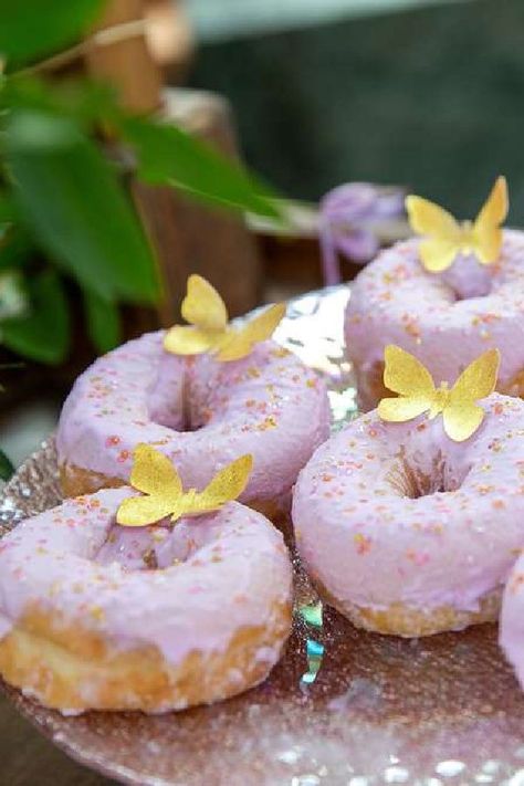 Take a look at this gorgeous butterfly 1st birthday party! Love the donuts! See more party ideas and share yours at CatchMyParty.com Butterfly Picnic Birthday, Woodland Butterfly Birthday Party, Food 1st Birthday Party, Flower Butterfly Birthday Theme, Butterfly Fairy Garden Birthday Party, Butterfly Donut Ideas, 3rd Birthday Fairy Party, Butterfly Themed 2nd Birthday Party, Flower Fairy Birthday Party