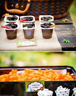 Boys Camping Birthday Party, Campfire Birthday Party, Camping Party Foods, Campfire Birthday, Camping Party Ideas, Camping Theme Birthday Party, Campfire Party, Camp Birthday, Dirt Pudding