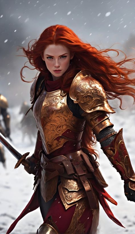 Redhead Knight Female, Aiel Warrior, Redhead Woman Character Art, Redhead Warrior Woman, Red Haired Queen, Dnd Fighter Female, Medieval Woman Aesthetic, Female Fighter Dnd, Dnd Female Fighter