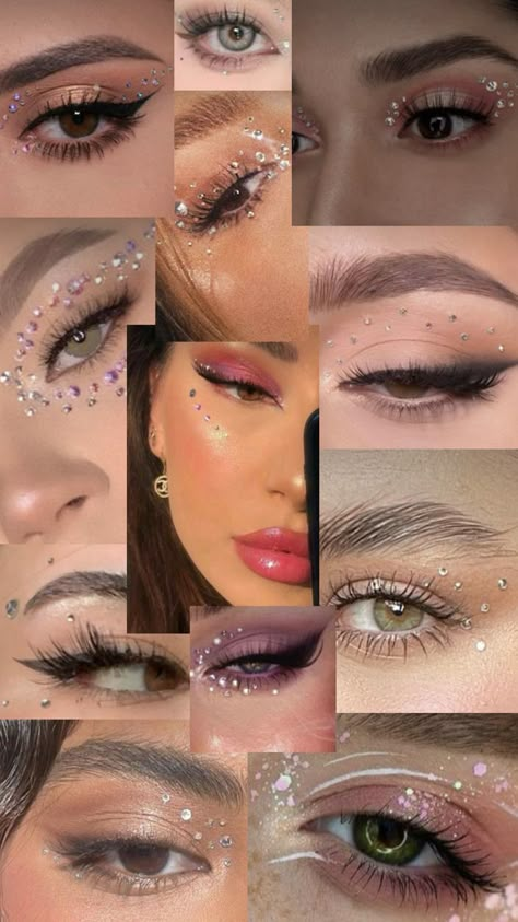 Bedazzle Face Makeup, Where To Put Gems On Your Face, Gem Makeup Looks Halloween, Rinstonestone Makeup, Eye Makeup Gemstones, Eye Makeup With Ringstones, Gold Makeup Looks With Rhinestones, Nye Rave Makeup, Gems Around Eyes