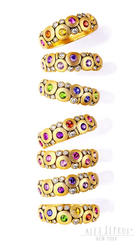 Alex Sepkus 18k gold "Candy" rings with multi color sapphires, tsavorites, rubies and diamonds. Candy rings are a great bridal alternative and can be worn as wedding, engagement, or everyday rings. They are also a popular mother's ring option. These stacking rings, like all Alex Sepkus designer jewelry are handmade in New York City #alexsepkus #mothersring #weddingring #engagementring #weddinginspiration #pushpresent #jewelry Alex Sepkus Rings, Alex Sepkus, Mother's Ring, Rubies And Diamonds, Jewellery Photography Inspiration, Gold Candy, Jewelry Wax, Art Jewelry Design, Rings Handmade