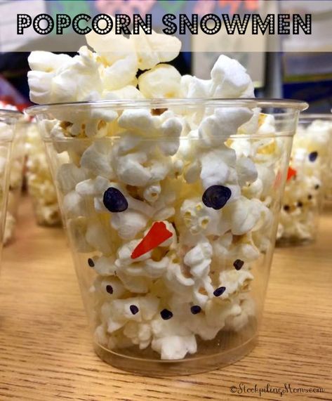 Popcorn Snowman, Classroom Winter Party, Snowman Cups, Christmas Party Snacks, Popcorn Cups, Winter Snack, School Christmas Party, Snow Party, Snowman Party