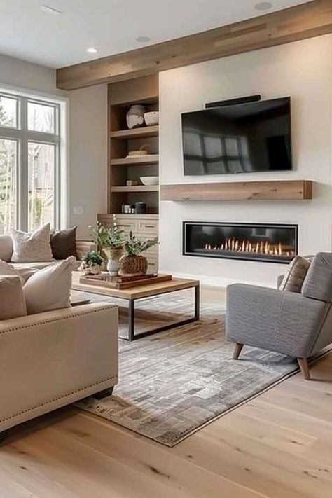 Contemporary living room with a built-in fireplace, comfortable seating, and wooden decor accents. Utah Living Room, Neutral Modern Farmhouse Living Room, Family Room Layout With Tv, White Oak And Black Living Room, Living Room With 2 Couches, Living Room With Built Ins And Fireplace, Step Down Living Room Ideas, Small Family Room Design, Cosy Family Room