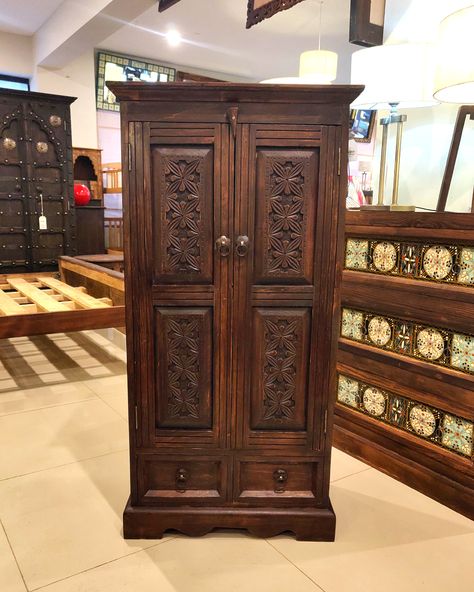 ANTIQUE STYLE CUPBOARD Rs. 29,000 DIMENSIONS: WIDTH: 24 Inches DEPTH: 15 Inches Height: 48 inches These are real wood, handmade authentic products. Our commitment includes LIFE TIME GUARANTEE of wood backed by an unlimited exchange and return policy. For further details as well as to see our full range of more than 500 designs, kindly visit our website www.pakcentralasianfurnitures.com . . #homedécor #woodenfurniture #traditionalfurniture #athnicfurniture #rusticfurniture #handpaintedfurnitur... Real Wood Furniture, Wooden Closet, Carved Furniture, Wall Painting Decor, Painting Decor, Wood Carving Patterns, Traditional Furniture, Hand Painted Furniture, Quotes Lyrics