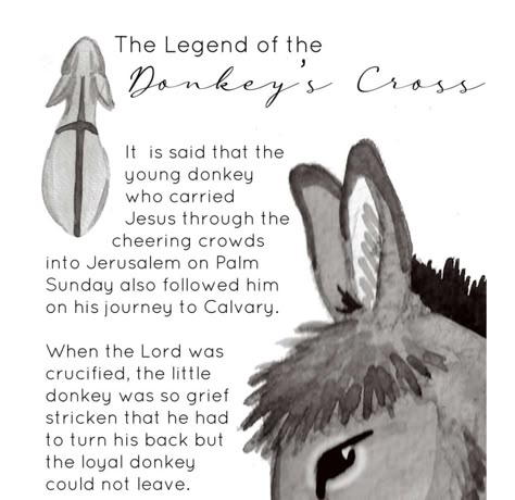 The Donkey's Cross by Mary Singer Legend Of The Donkey's Cross, Drawings Of Donkeys, Donkey Cross On Back, Donkey Christmas Pictures, My God Is Bigger, Donkey Images, Cross Poster, Mini Donkeys, Palm Cross