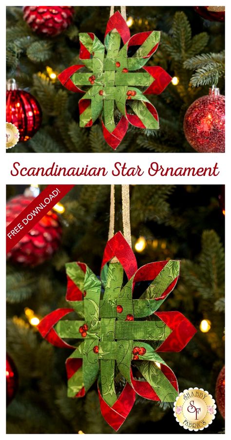 DIY Christmas Scandinavian Star Ornament DIY Tutorials + Video | Fabric Art DIY Fabric Ornaments Free Pattern, Fabric Swedish Star, Fabric Christmas Ornaments To Make, No Sew Scandinavian Star Ornament, Scandinavian Christmas Star Diy, Scandinavian Star Ornament Diy, Scandinavian Stars Christmas Ornament, Swedish Star Ornament, Star Fabric Pattern