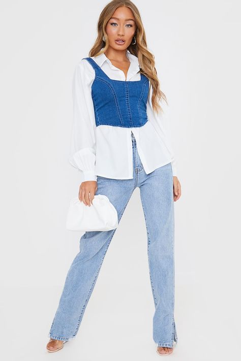 Denim Zip Corset Crop Top | In The Style Denim Corset Over Shirt, Demin Crop Top Outfit, Corset Tops Over Shirt, Outfits With Denim Corset, Denim Top With Skirt, Corset Top Modest Outfit, Denim Corset With White Shirt, Crossett Top Outfit, Modest Corset Top