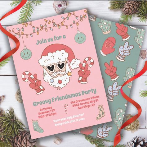 Retro Christmas Invitation, Christmas Party Friends, Funny Christmas Party Invitations, Santa Christmas Party, Santa Party, Funky Colors, 70s Christmas, Groovy Christmas, Christmas Party Invitation