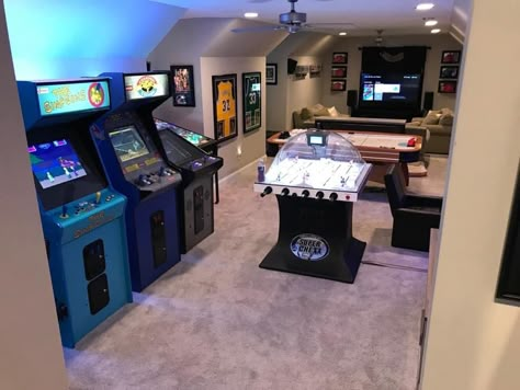 Toy And Game Room Ideas, In Home Game Room, Theater And Game Room Ideas, Game Room Attic, Fun Hangout Room, Home Arcade Ideas, Family Rec Room Basement, Dream Basement Game Room, At Home Game Room