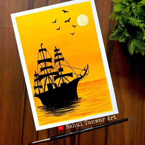 Natural Landscape Painting, Boat Painting Acrylic, Bird Sunset, Poster Colour Painting, Painting Techniques Art, Bird Paintings On Canvas, Poster Color Painting, Boat Drawing, Sky Art Painting