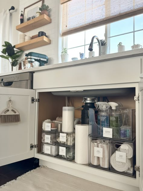 UNDER THE KITCHEN SINK ORGANIZATION & ESSENTIALS - A Classy Fashionista Cozy Must Haves, Cleaners Organization, Kitchen Organization Ideas Cabinets, Under The Sink Organization Kitchen, Kitchen Sink Decor Ideas, Under The Kitchen Sink Organization, Sink Organization Kitchen, Home Must Haves, Under The Kitchen Sink