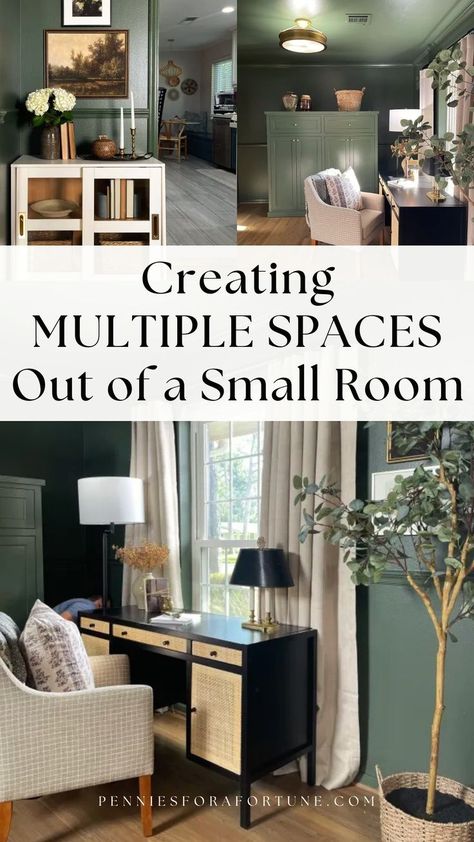 In this episode of "Problem Spaces," my DIY home renovation show on HBO Max, we're trying to make a multifunctional room function! A family needed the room to serve as a home office, gym, storage area, and entertaining space – all within 10 feet of space! Check out the post (and the episode) to see how you can create multiple areas out of a small room with a home remodel on a budget. Get some inspiration for an affordable home improvement project to meet your needs! Small Space Office Storage, Dining Room Office Combo Ideas Small Spaces, Office In Family Room Ideas, Flex Room Ideas Offices, Small Office Space In Living Room, Office Small Space Ideas, Small Space Home Office Ideas, Multi Function Room Ideas, Office Tv Room Combo