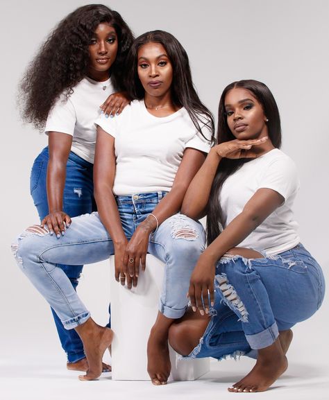 Hair goals! #bundles  Beautiful Black Women. Melanin  Hair company photoshoot, white Tee's and Blue Jeans!   📸IG: Kevin_Avington Denim Outfit Photoshoot, Indoor Photoshoot Ideas, Jeans Photoshoot, Mom Makeover, Mommy Daughter Photoshoot, Denim Photoshoot, White Shirt And Blue Jeans, Mother Daughter Photoshoot, Natural Hair Weaves