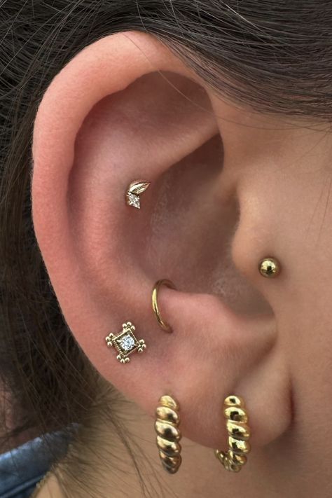 Little Bud upper outer conch addition by @piercingbooth (IG).  Featuring Grace in the upper lobe as the perfect compliment piece.  Available in 14K Yellow, Rose, or White Gold, with your choice of Swarovski Crystal or Genuine Diamond starting at $162.50.  Support local and shop Maya Jewelry in person at a piercing professional near you.  Or tap the Link In Below to shop push pin studs online. Unique Conch Piercing, Conch Piercing Jewelry Hoop, Stacked Conch Piercing, Outer Conch Piercing Ideas, Upper Conch Piercing, Double Conch Piercing Studs, Contra Conch Piercing, Inner Conch Piercing Studs, Contra Conch