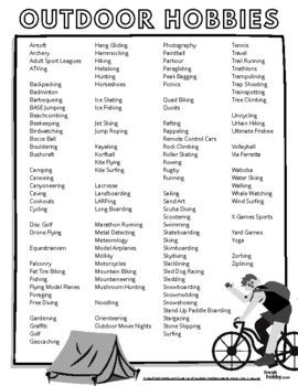 List of Outdoor Hobbies (Great for Young Adults Looking for New Hobbies)Explore various outdoor hobbies to spend more time outdoors!Great tool for Recreational Therapists to share activity and hobby ideas to encourage physical activity in the outdoors.This tool is best for Adults and Young Adults...Check out our full blog post here: https://freshhobby.com/huge-list-of-outdoor-hobbies-spend-more-time-in-nature/Thank you!-FH Fun Outdoor Activities For Adults, Hobbies List Ideas, New Hobby Ideas For Women, Talents List, Outdoor Activities For Teens, Physical Hobbies, Hobbies For Teens, Nature Hobbies, Active Hobbies