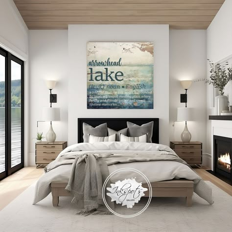 Customize your lake house decor with this personalized sign that features the definition of lake on a lovely rustic background with beautiful lake colors and the name of your lake. (The sign can also be complete without a lake name, if desired.) The canvas sign is very light weight and comes ready to hang (so you don't have to hassle with finding the right lags and hardware to hang a heavy wood sign). Signs are made-to-order on genuine artist canvas that has a patented, warp-resistant constructi Fancy Lake House Decor, Lakehouse Bedroom Decor, Rustic Lake House Decor Interior Design Master Bedrooms, Lake House Bedroom Decor Master Suite, Lake Decorating Ideas, Lake House Decorating, Small Lake Cottage Interiors Artwork, Lakehouse Bedroom Ideas, Modern Lake House Decor Interior Design