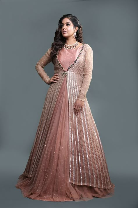 Long Gown With Jacket Indian Party Wear, Long Jacket Gown Indian, Shrug With Gown Indian, Gown Designs With Jacket, Full Jacket Indian Dress, Jacket Style Party Wear Dress, Indian Sequence Dress, Sequence Anarkali Dress, Anarkali With Shrug