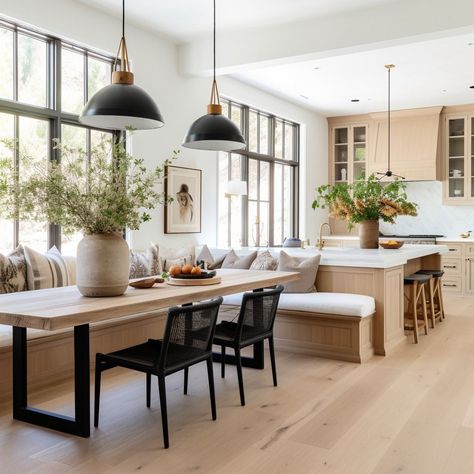 Dining Room Ideas With Windows, Large Kitchen Nook Ideas, Long Room Kitchen Dining Living, Modern Black Dining Room Light, Large Dining Nook, Window Seat Kitchen Table, Organic Farmhouse Dining Room, Modern Farmhouse White Windows, Kitchen With Breakfast Nook Layout