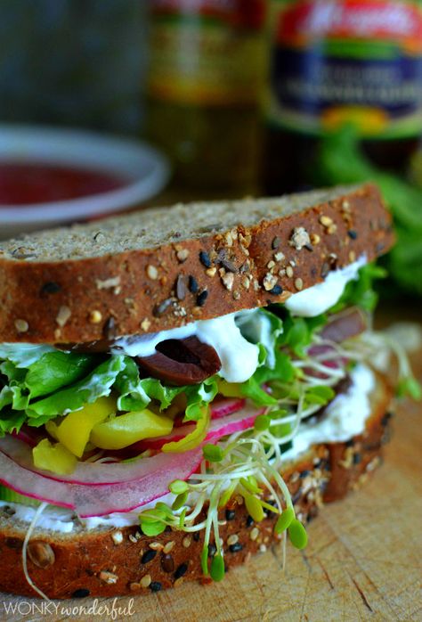 GREEK-INSPIRED SANDWICH [Greece, Modern] [wonkywonderful] Feta Spread, Greek Vegetables, Healthy Vegetarian Lunch, Vegetable Sandwich, Vegetarian Recipes Lunch, Creamy Feta, Vegetarian Sandwich, Veggie Sandwich, Healthy Sandwiches