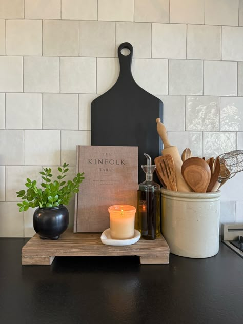 Trivet Riser Elm Wood curated on LTK Stove Side Decor, Large Kitchen Decor, Kitchen Island Board Tray Deco, Kitchen Counter Aesthetic, Riser Decor Ideas, Kitchen Island Decor Wood Tray, Wooden Tray Kitchen Counter, Kitchen Counter Ideas Decor, Kitchen Stove Decor