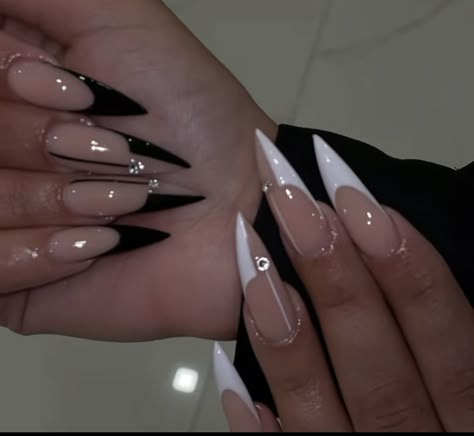 Long Nail Black Designs, White Design Acrylics, One Hand Black One Hand White Nail Ideas, Black And White Stiletto Nails Design, Black Nails Ideas Stiletto, Black Nail Sets Almond, Black And White Almond Nails Design, Black And White Nails Stiletto, Long Almond Nail Ideas