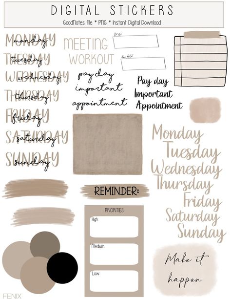 Handmade Pre-Cropped Digital Stickers Bundle for Goodnotes | PNG | Weekdays |  weeklyfinancialplanner #healthplanner Neutral Stickers Aesthetic, Good Notes Calander, Planner Aesthetic Stickers, Aesthetic Stickers Goodnotes, Cute Stickers For Planner, Digital Bujo Stickers, Aesthetic Goodnotes Stickers Free, Note Sticker Aesthetic, Neutral Planner Aesthetic