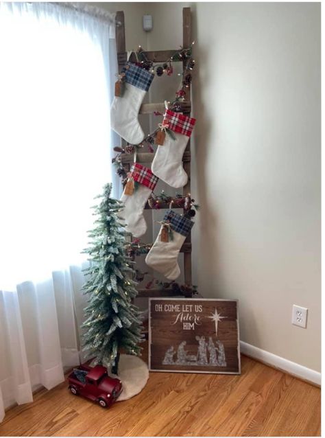 Christmas Stocking Holders Stand, Christmas Stocking On Ladder, Stockings Hung On Ladder, Christmas Chest Decorations, Hanging Stockings No Fireplace, Stocking On Tv Stand, Blanket Ladder Christmas Stocking, Ladder Decor For Christmas, Stocking On Ladder