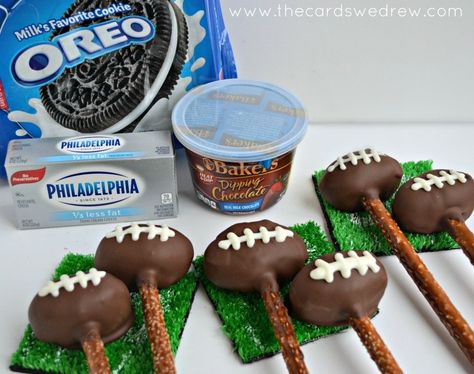 Oreo Football, Sunday Football Food, Super Bowl Finger Foods, Concession Stand Ideas, Chocolate Pretzel Rods, Football Treats, Superbowl Desserts, Oreo Cookie Balls, Birthday Party For Boys