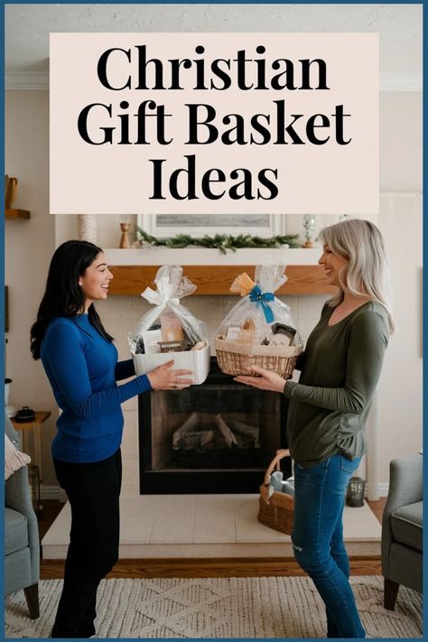 Two women smiling and exchanging gift baskets in a living room, with the text "Christian Gift Basket Ideas" above them. Christian Gift Baskets, Youth Pastor Gifts, Christian Gifts Diy, Book Gift Basket, Prayer Gifts, Gifts Baskets, Christian Couples, Secret Sister, Gift Baskets For Women